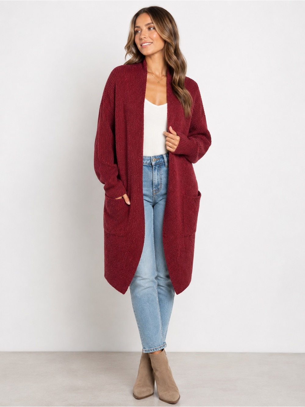 LEITH | Open-Front Longline Knit Cardigan - Burgundy Sz M EUC